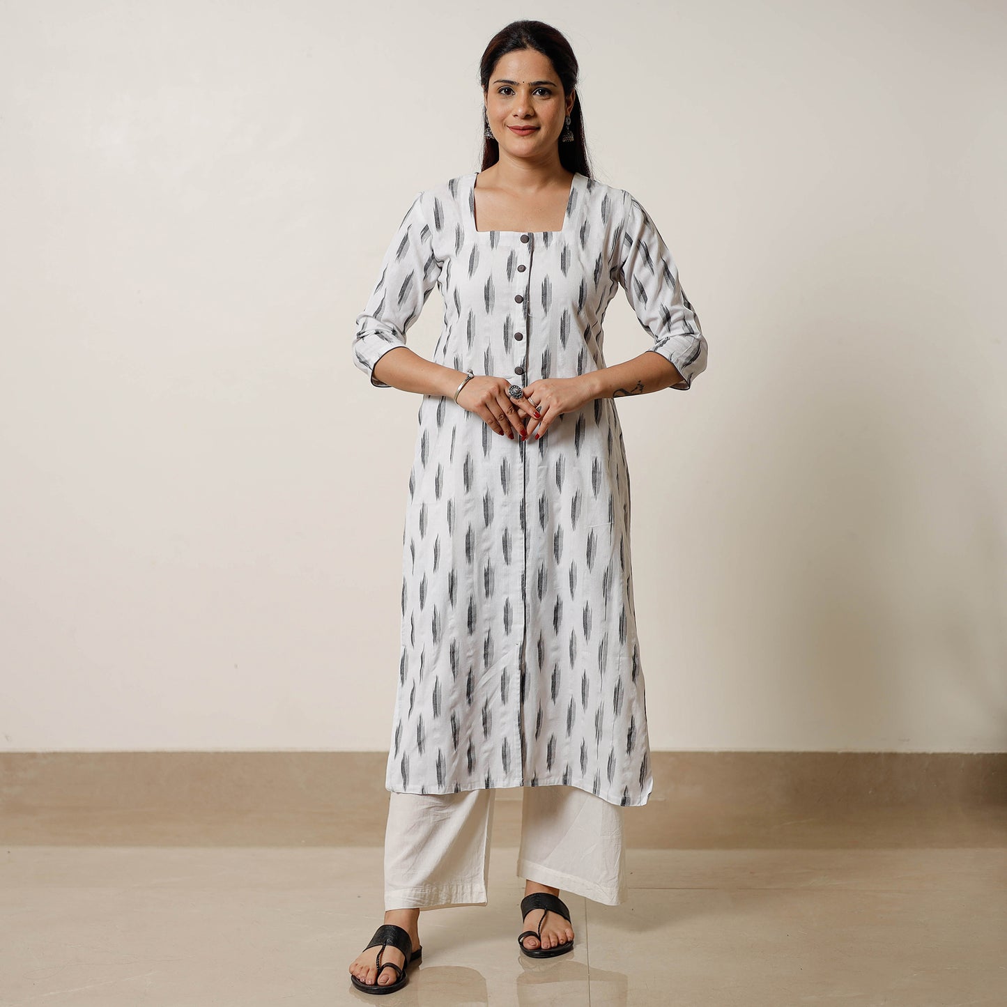 White Pochampally Ikat Weave Cotton Long Straight Kurta