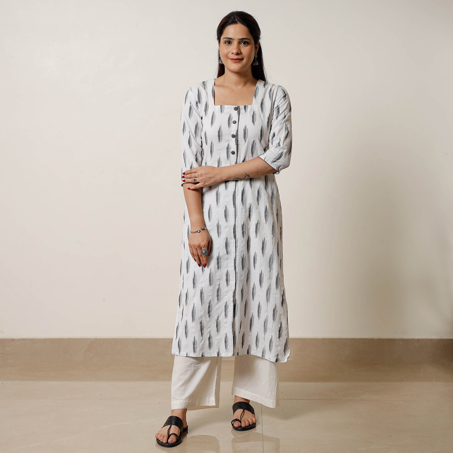 White Pochampally Ikat Weave Cotton Long Straight Kurta