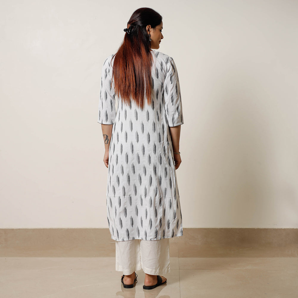 White Pochampally Ikat Weave Cotton Long Straight Kurta