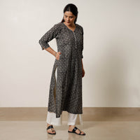 Black & White Geometric Floral Buti Bagru Hand Block Printed Cotton Straight Long Kurta 04