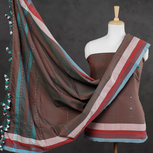 Brown - 3pc Kutch Bhujodi Weaving Handloom Fine Cotton Suit Material Set