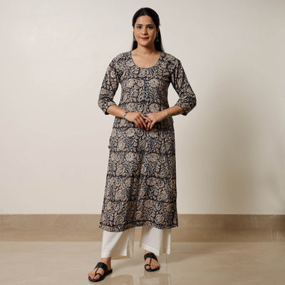 Black - Kalamkari Block Printed Cotton Long Straight Kurta