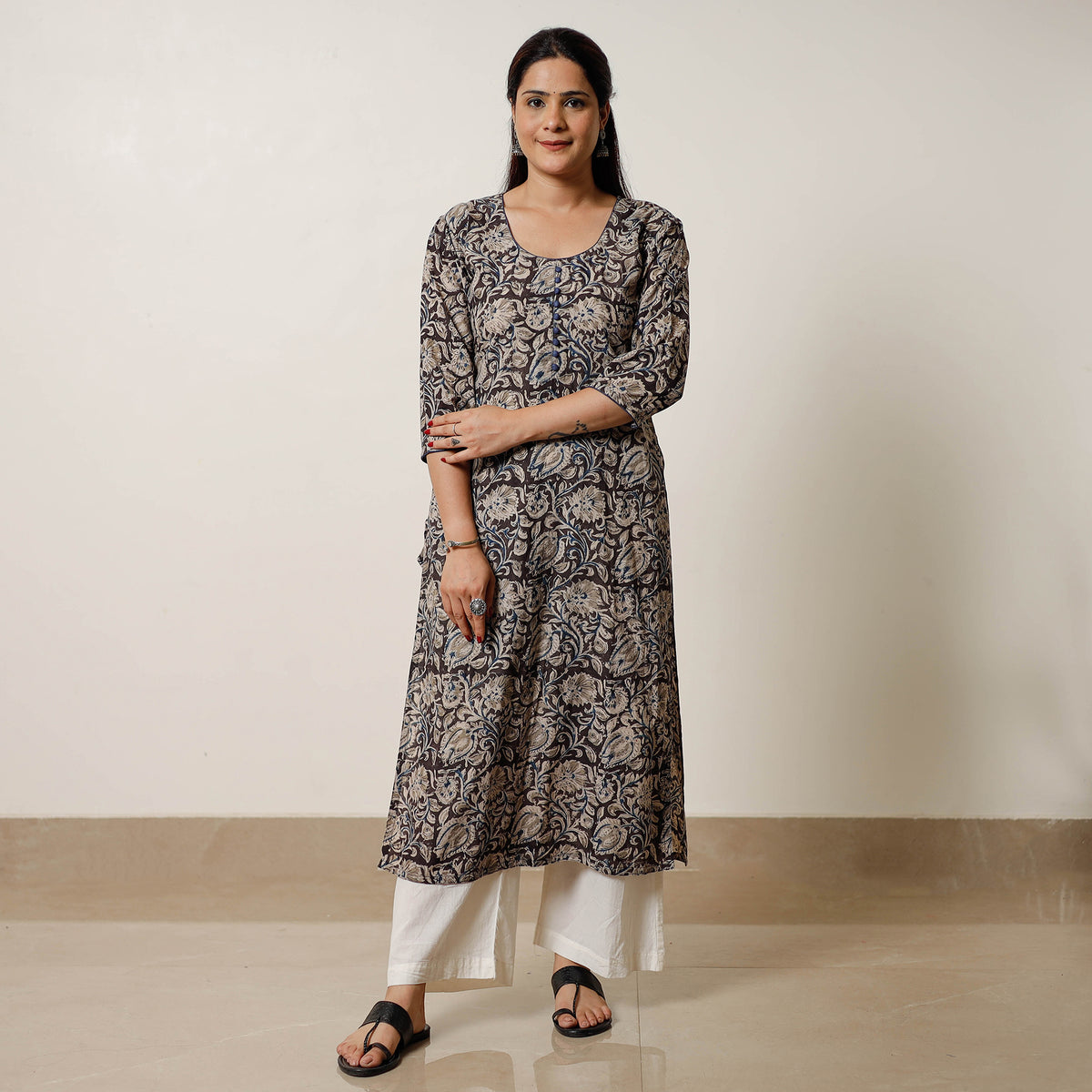 Black - Kalamkari Block Printed Cotton Long Straight Kurta