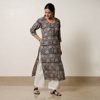 Black - Kalamkari Block Printed Cotton Long Straight Kurta