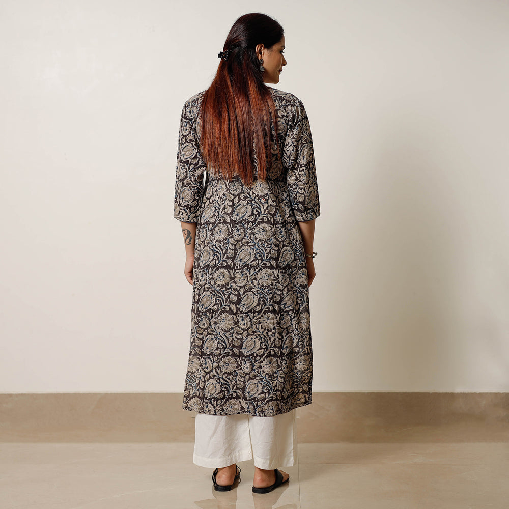 Black - Kalamkari Block Printed Cotton Long Straight Kurta