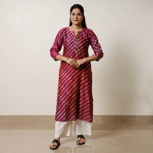 Maroon - Leheriya Tie-Dye Chanderi Silk Long Straight Kurta