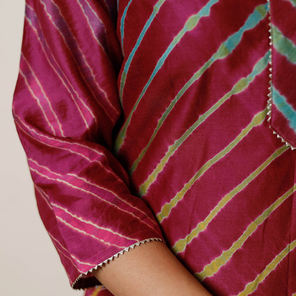 Maroon - Leheriya Tie-Dye Chanderi Silk Long Straight Kurta