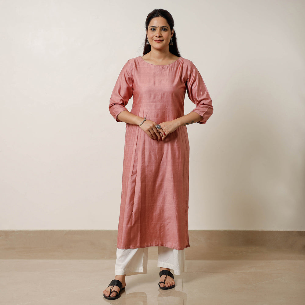 Pink - Tussar Silk Plain Long Kurta