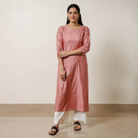 Pink - Tussar Silk Plain Long Kurta