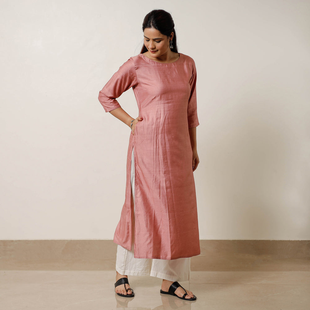 Pink - Tussar Silk Plain Long Kurta