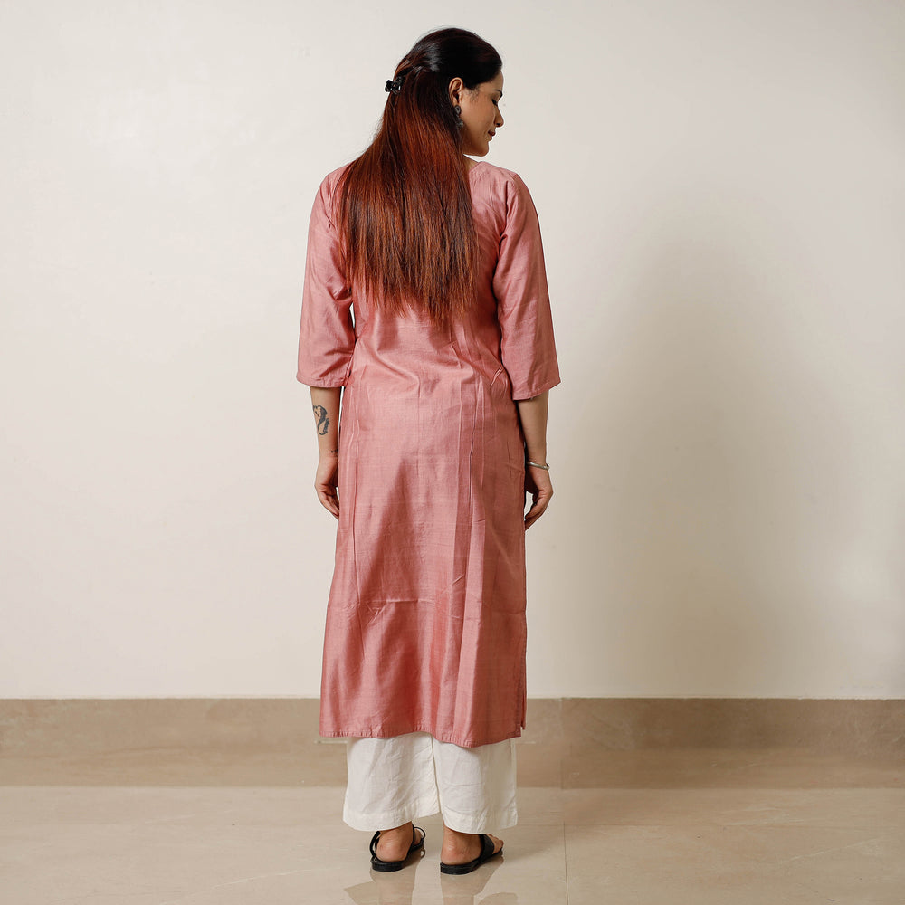 Pink - Tussar Silk Plain Long Kurta