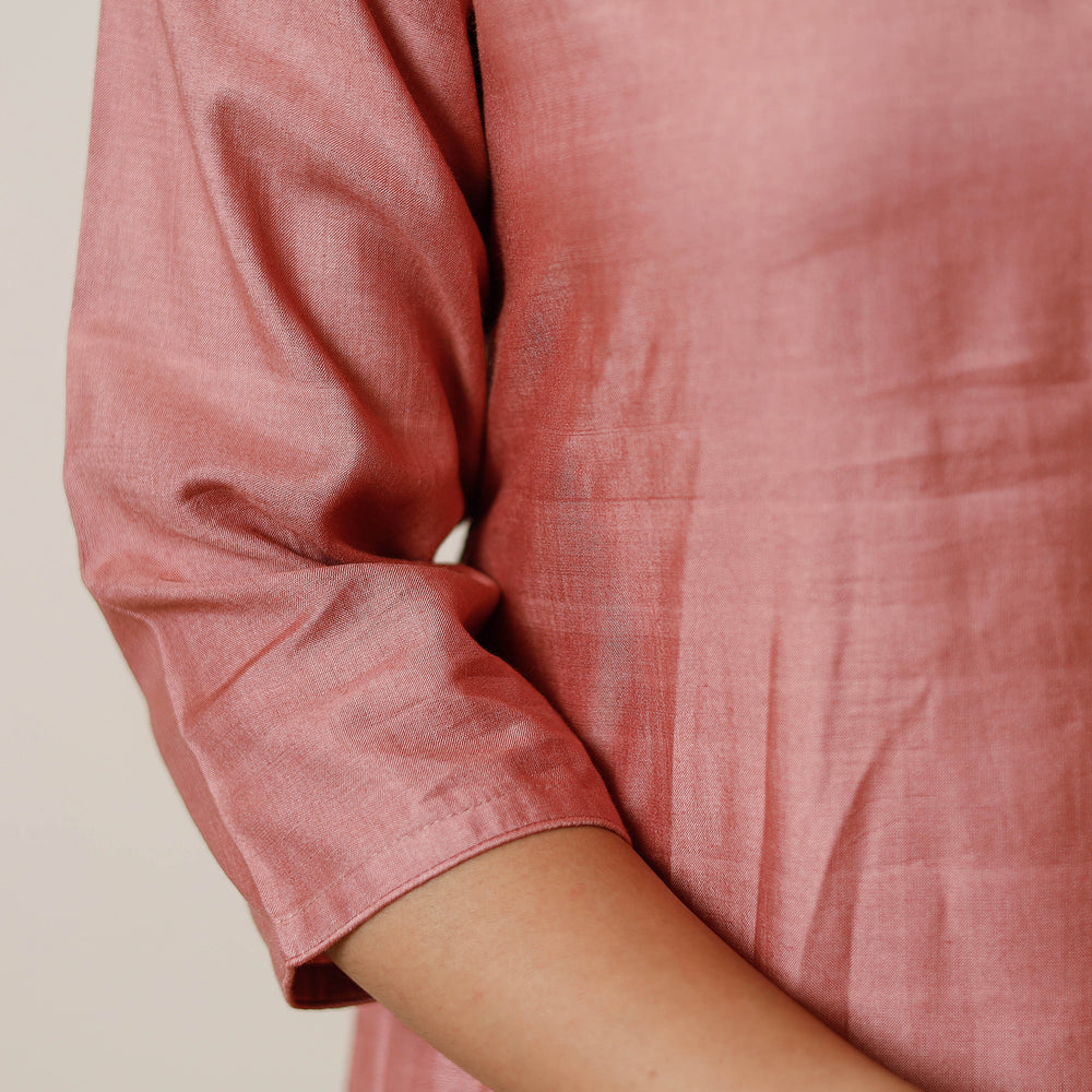 Pink - Tussar Silk Plain Long Kurta