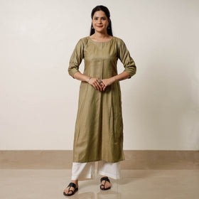 Moss green - tussar silk plain long kurta - handcrafted