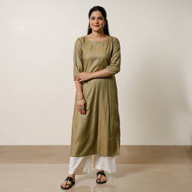 Moss green - tussar silk plain long kurta - handcrafted