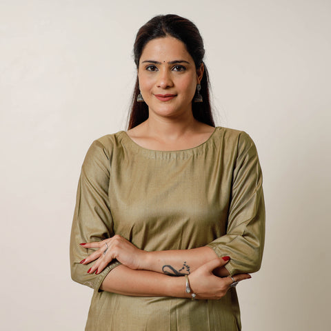 Moss green - tussar silk plain long kurta - handcrafted