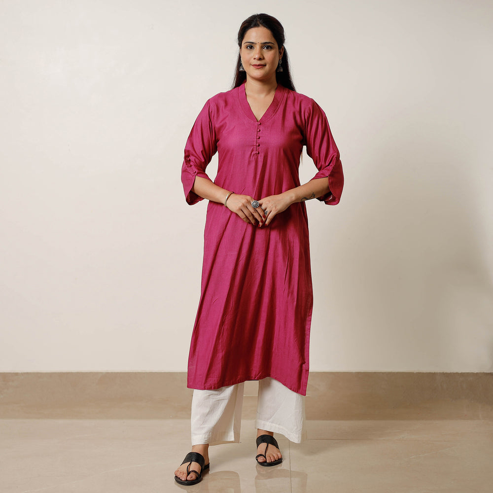 Dark Pink - Tussar Silk Plain Long Kurta