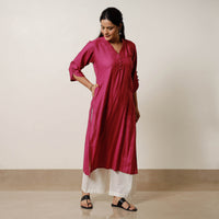 Dark Pink - Tussar Silk Plain Long Kurta