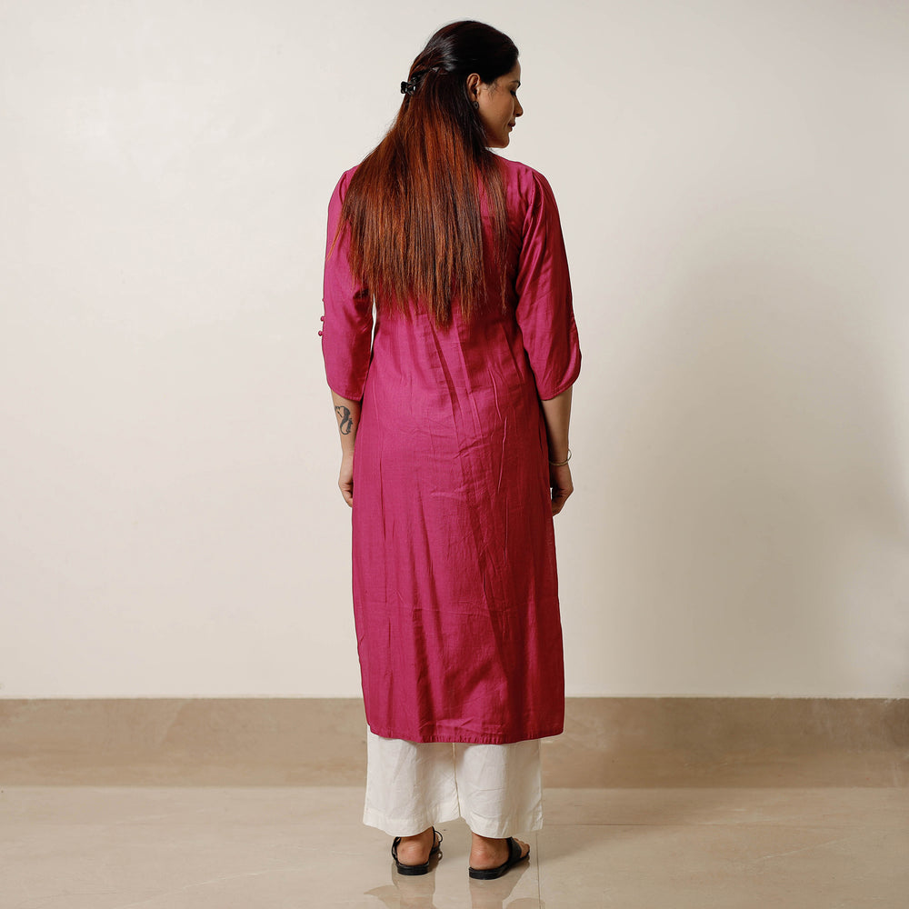 Dark Pink - Tussar Silk Plain Long Kurta