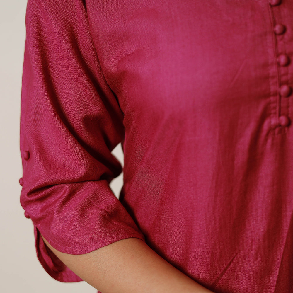 Dark Pink - Tussar Silk Plain Long Kurta