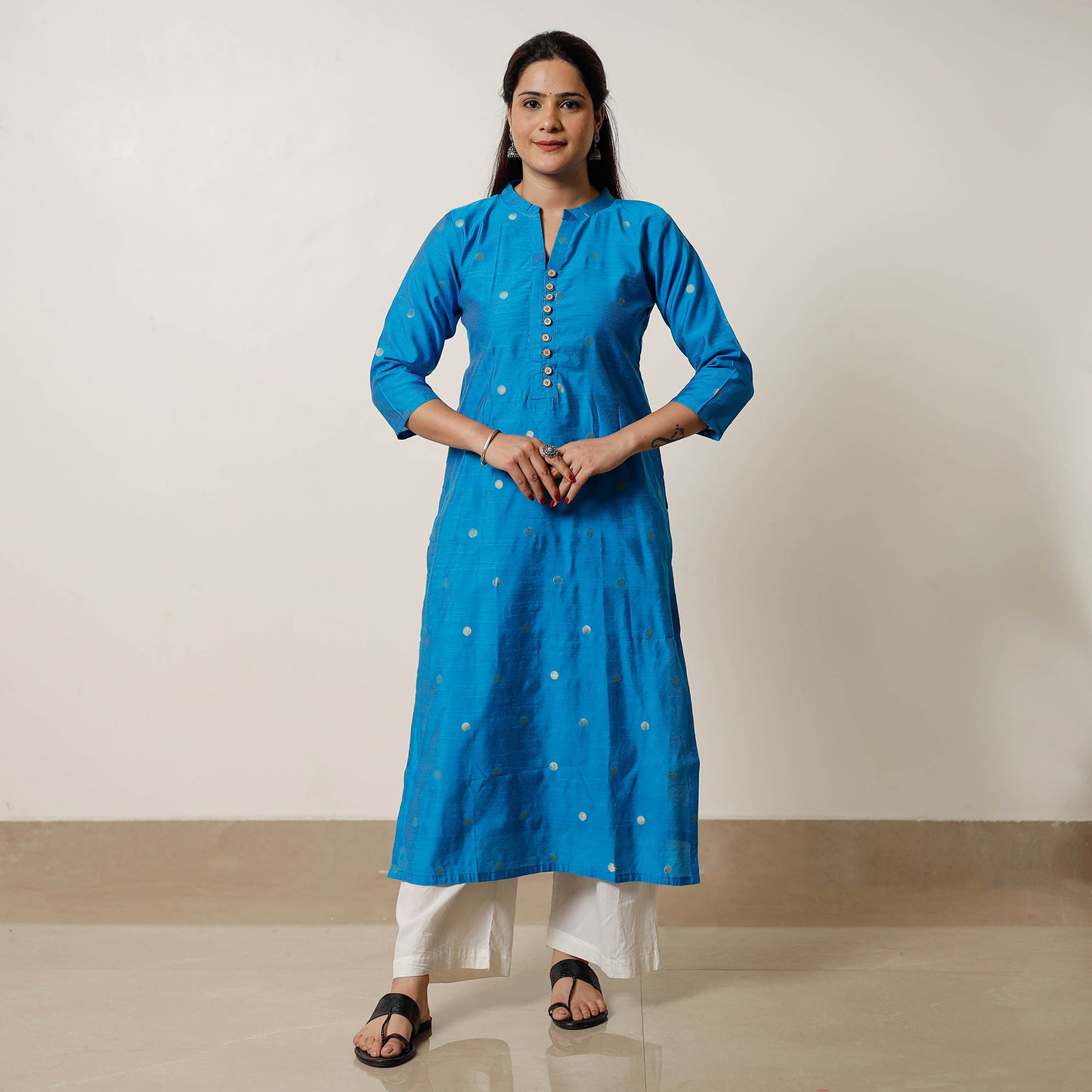 Sky Blue - Polka Zari Butta Spun Dupion Silk Long Straight Kurta