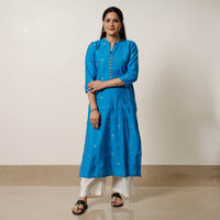 Sky Blue - Polka Zari Butta Spun Dupion Silk Long Straight Kurta