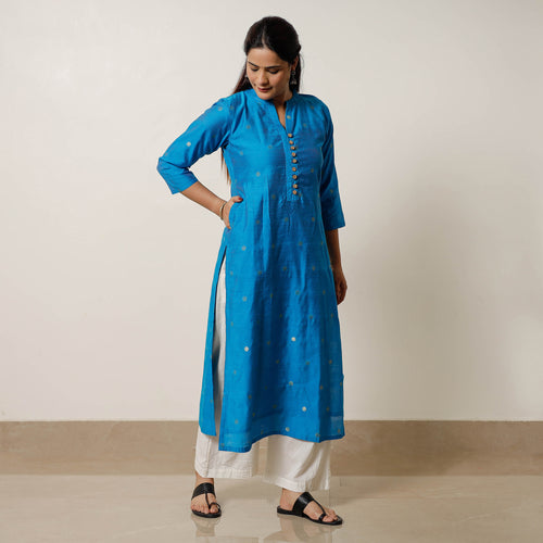 Sky Blue - Polka Zari Butta Spun Dupion Silk Long Straight Kurta