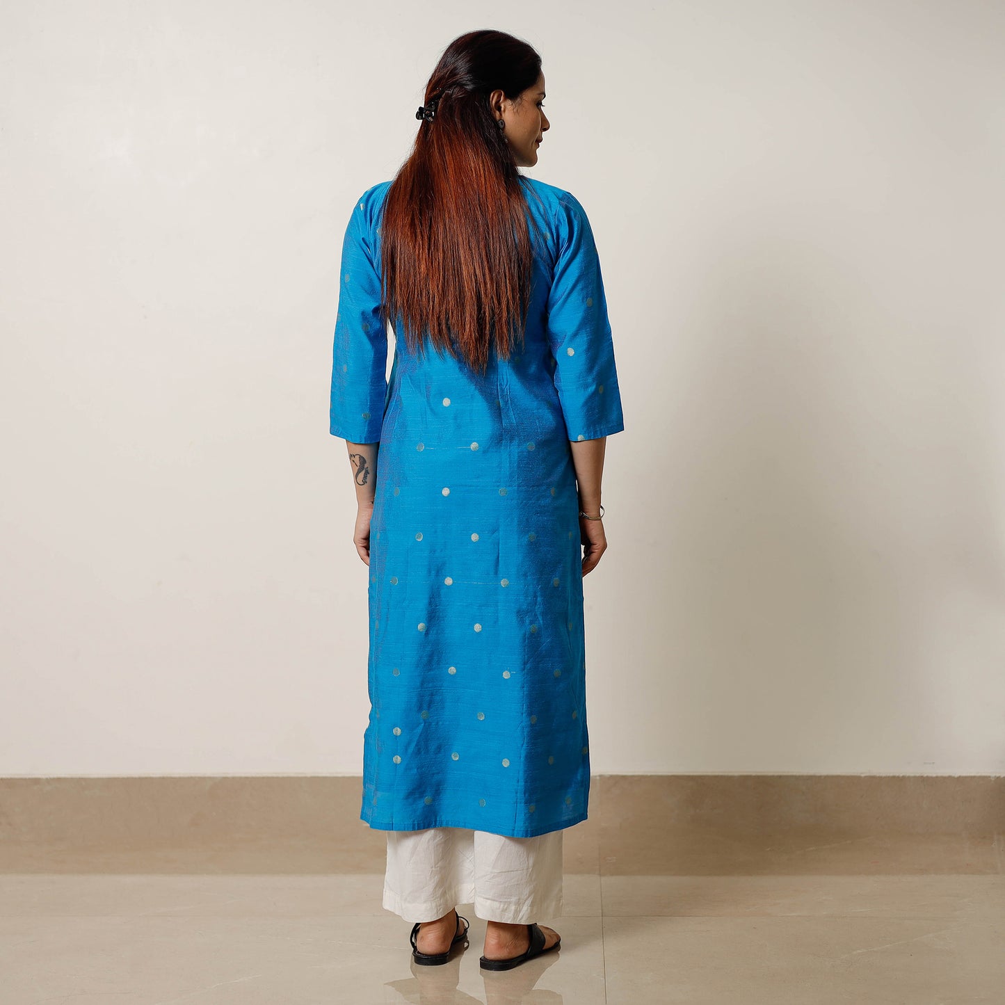 Sky Blue - Polka Zari Butta Spun Dupion Silk Long Straight Kurta