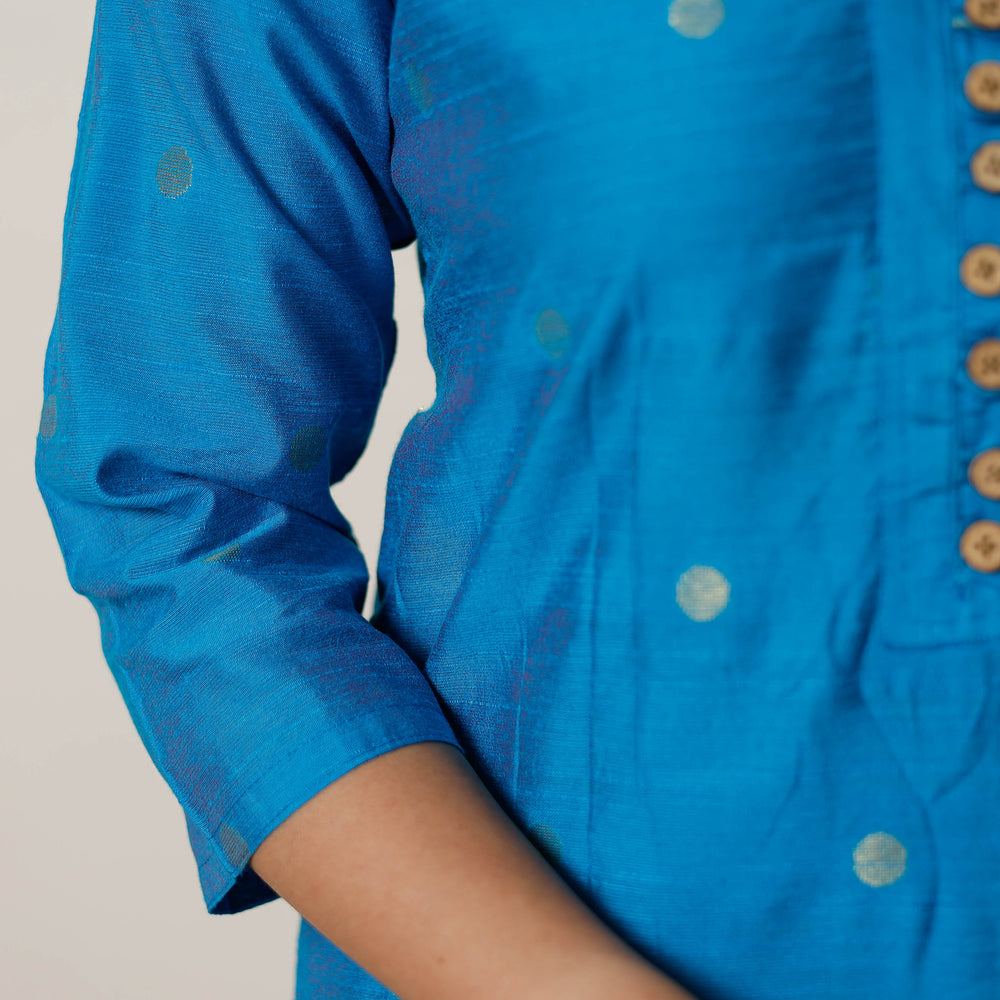 Sky Blue - Polka Zari Butta Spun Dupion Silk Long Straight Kurta