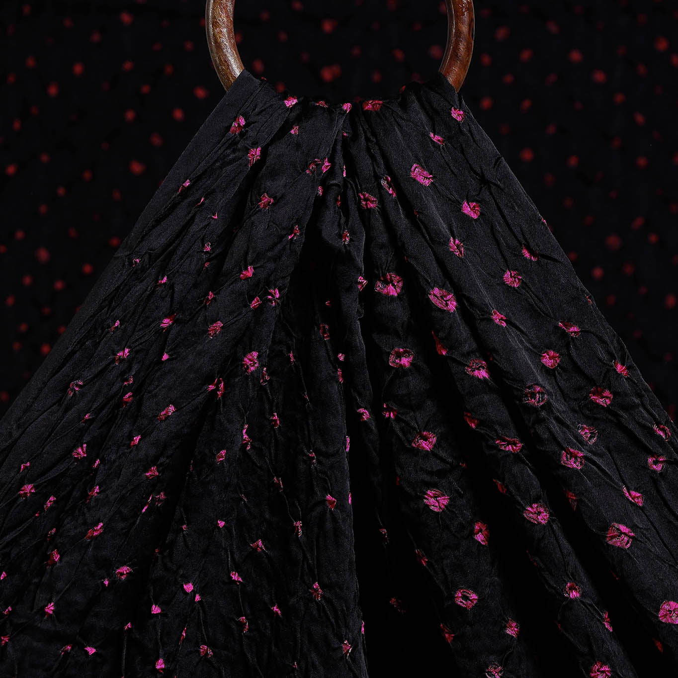 Pink Butti On Black Kutch Bandhani Tie-Dye Modal Silk Fabric