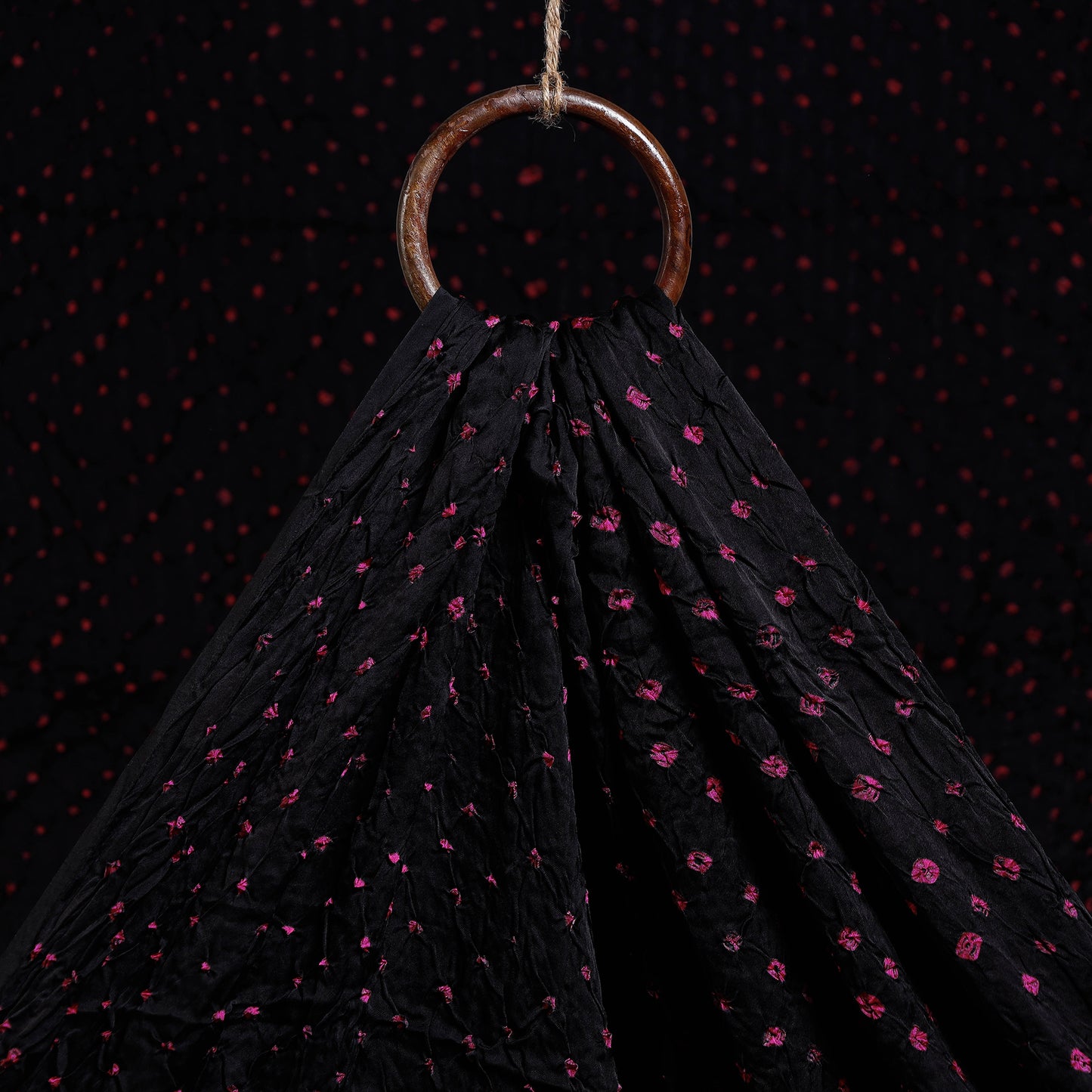 Pink Butti On Black Kutch Bandhani Tie-Dye Modal Silk Fabric