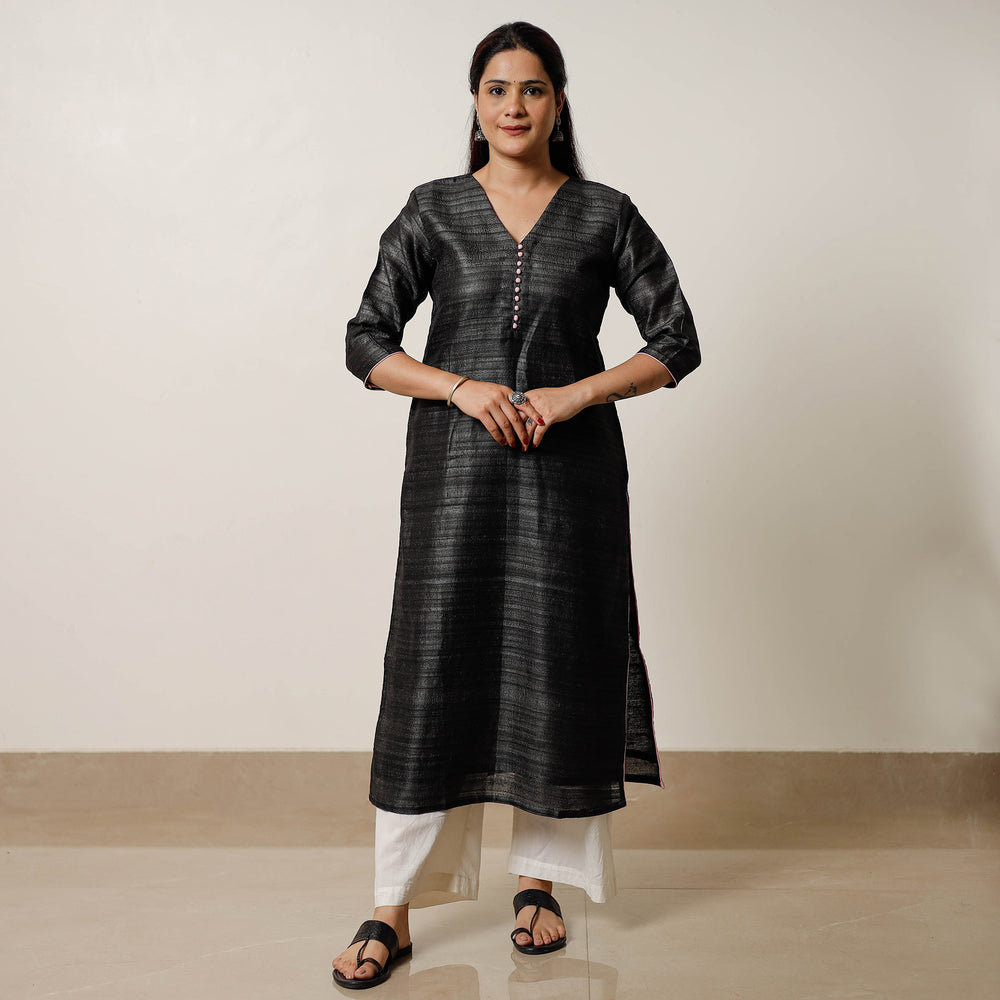 Black - Bhagalpuri Handwoven Desi Tussar Silk Long Kurta