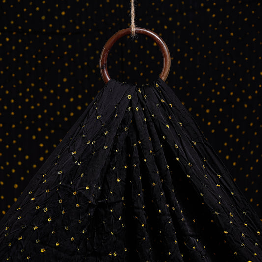 Charcoal Black And Yellow Dots Kutch Bandhani Tie-Dye Modal Silk Fabric