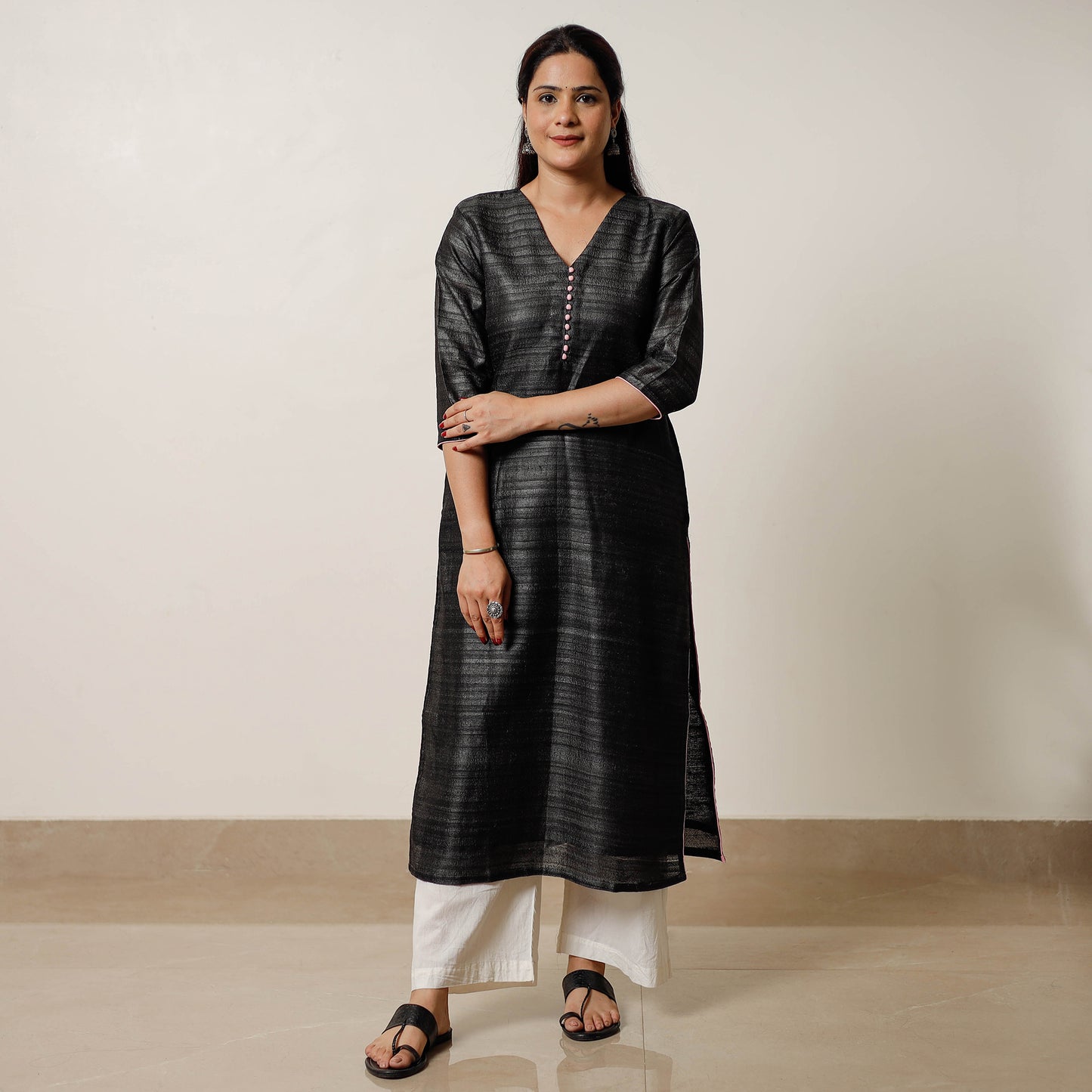 Black - Bhagalpuri Handwoven Desi Tussar Silk Long Kurta