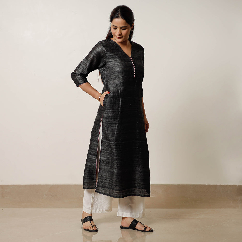 Black - Bhagalpuri Handwoven Desi Tussar Silk Long Kurta