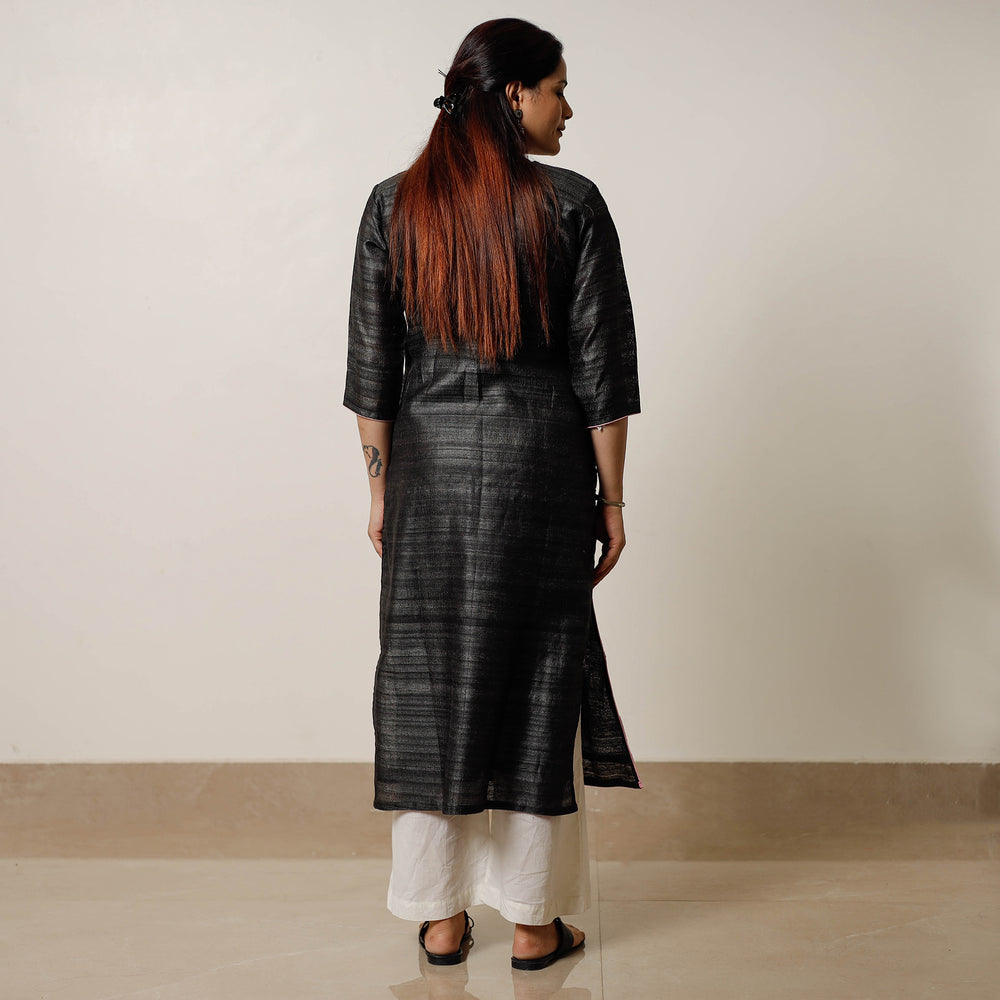 Black - Bhagalpuri Handwoven Desi Tussar Silk Long Kurta