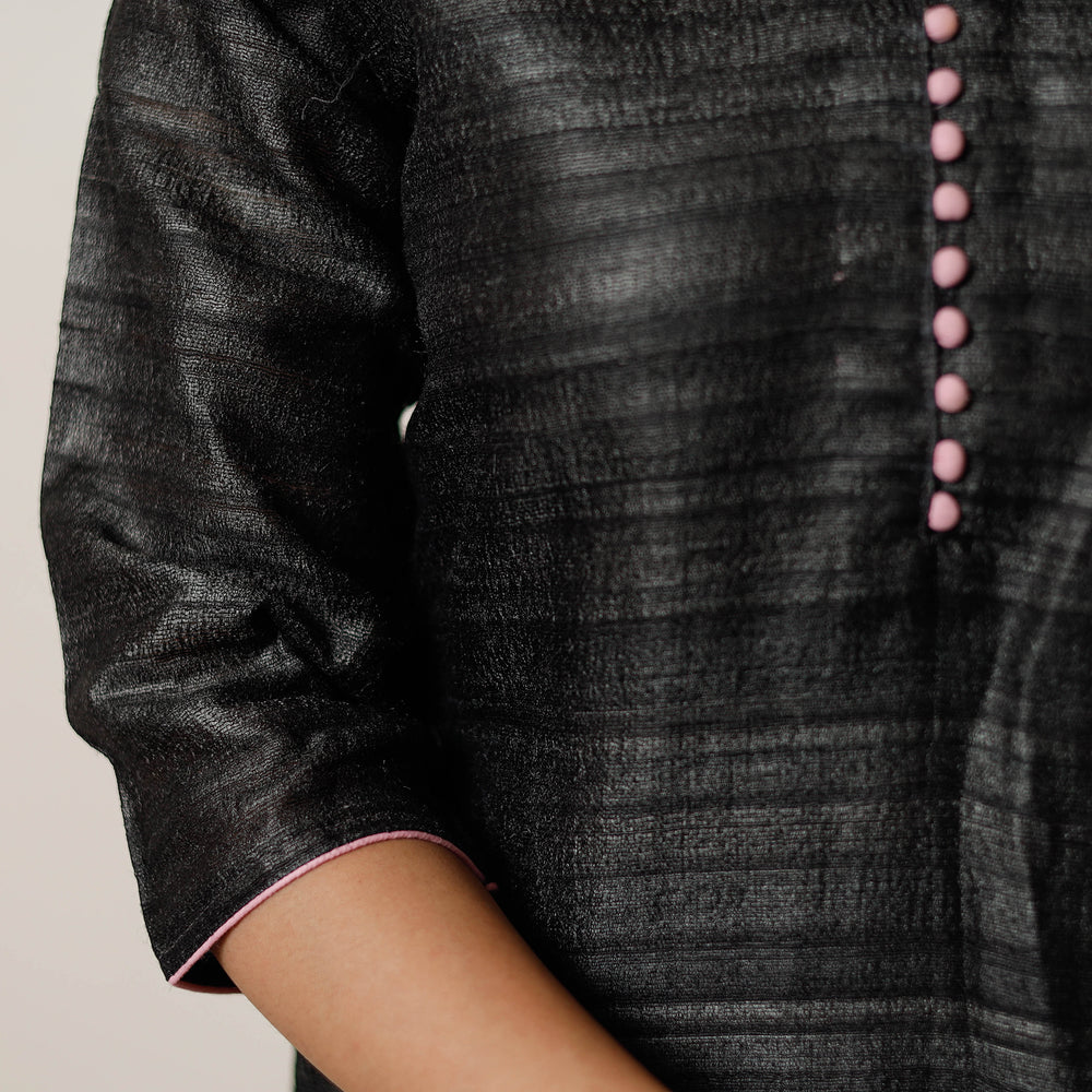 Black - Bhagalpuri Handwoven Desi Tussar Silk Long Kurta