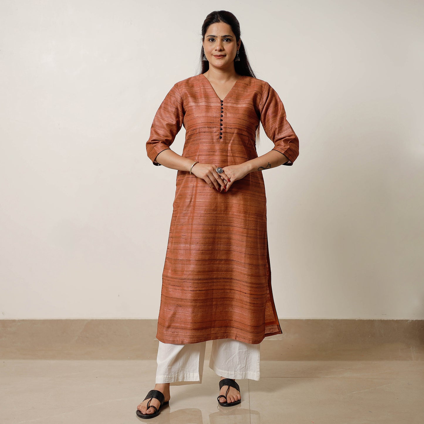 Rust Orange - Bhagalpuri Handwoven Desi Tussar Silk Long Kurta