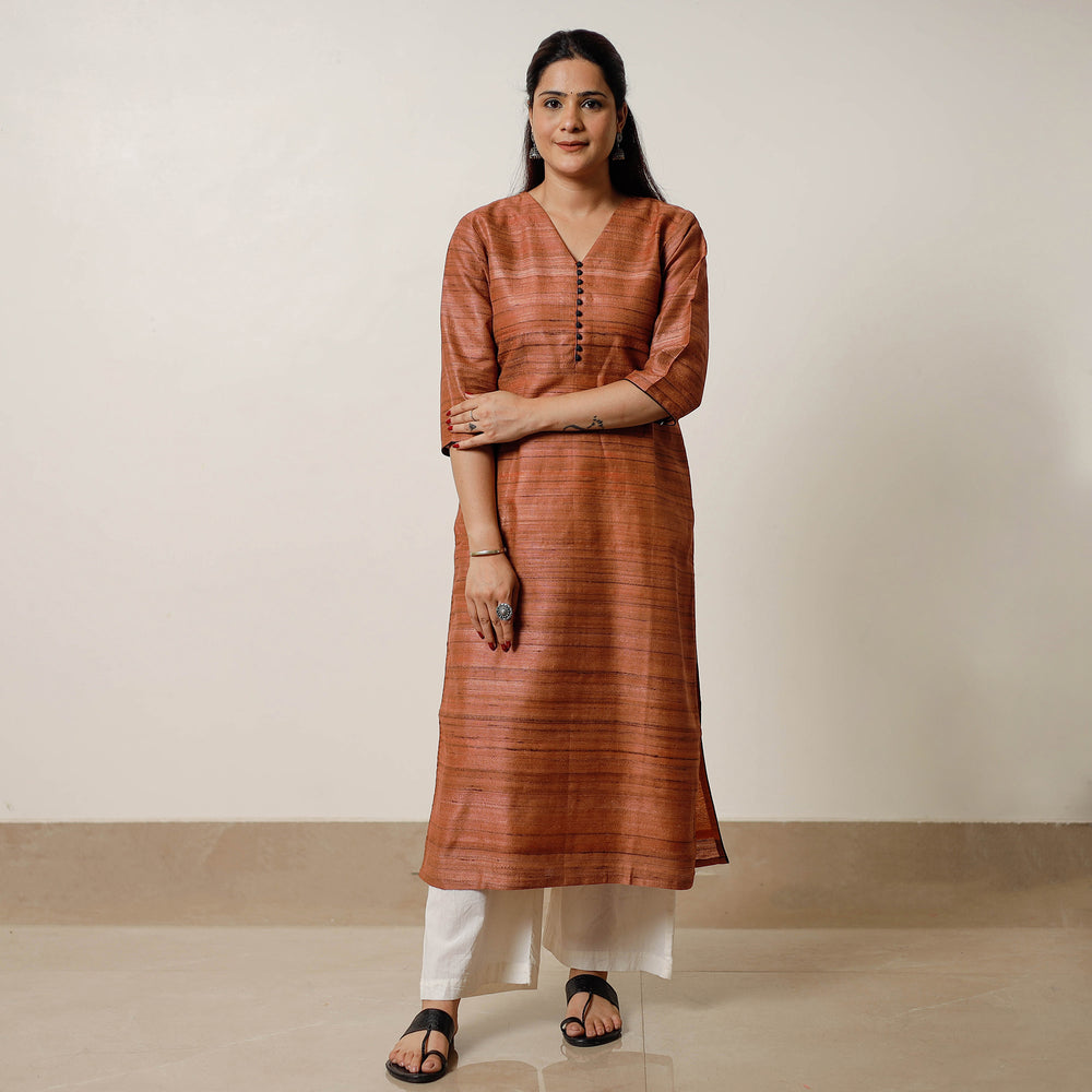 Rust Orange - Bhagalpuri Handwoven Desi Tussar Silk Long Kurta