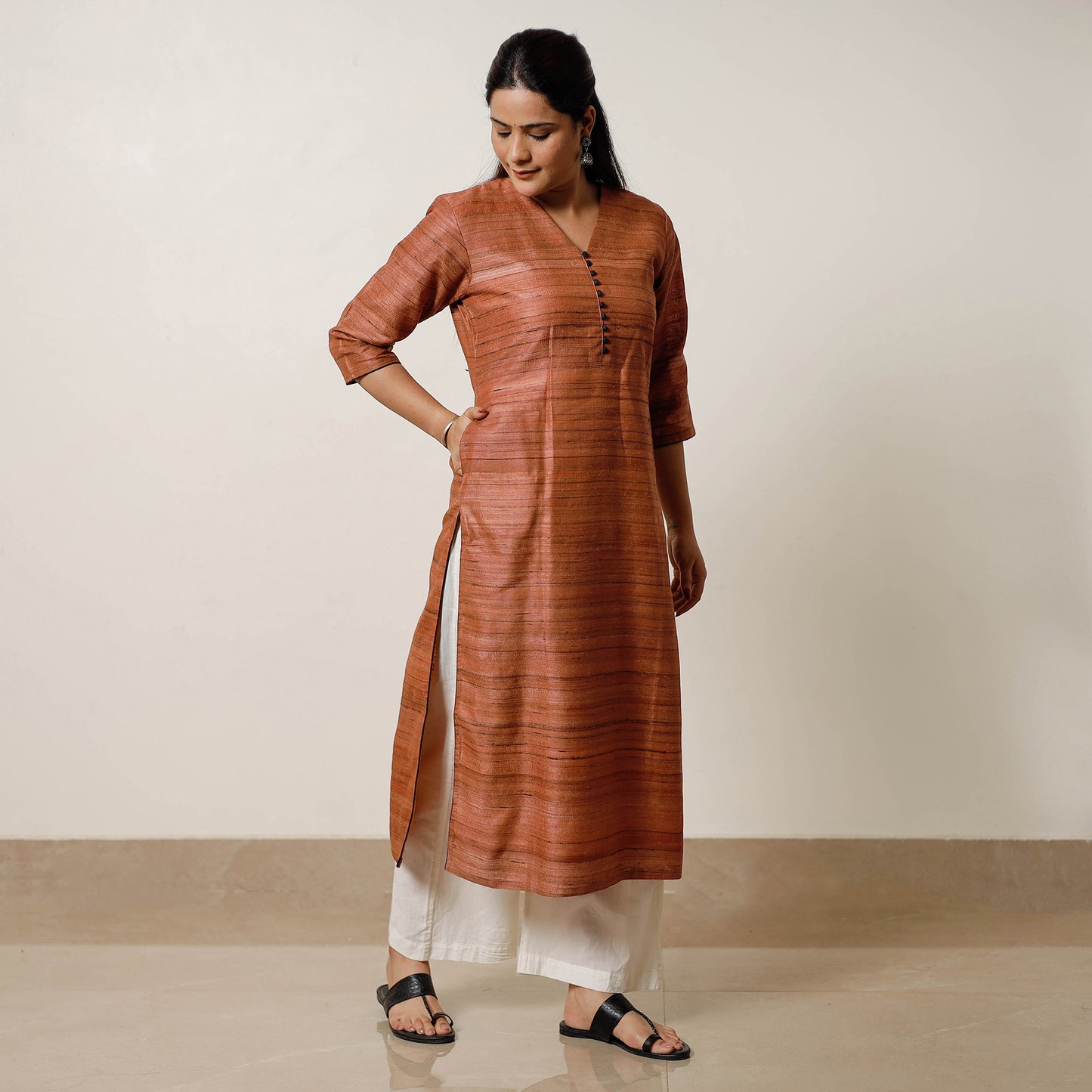 Rust Orange - Bhagalpuri Handwoven Desi Tussar Silk Long Kurta