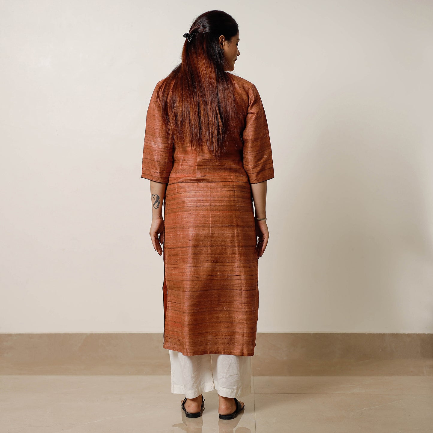 Rust Orange - Bhagalpuri Handwoven Desi Tussar Silk Long Kurta