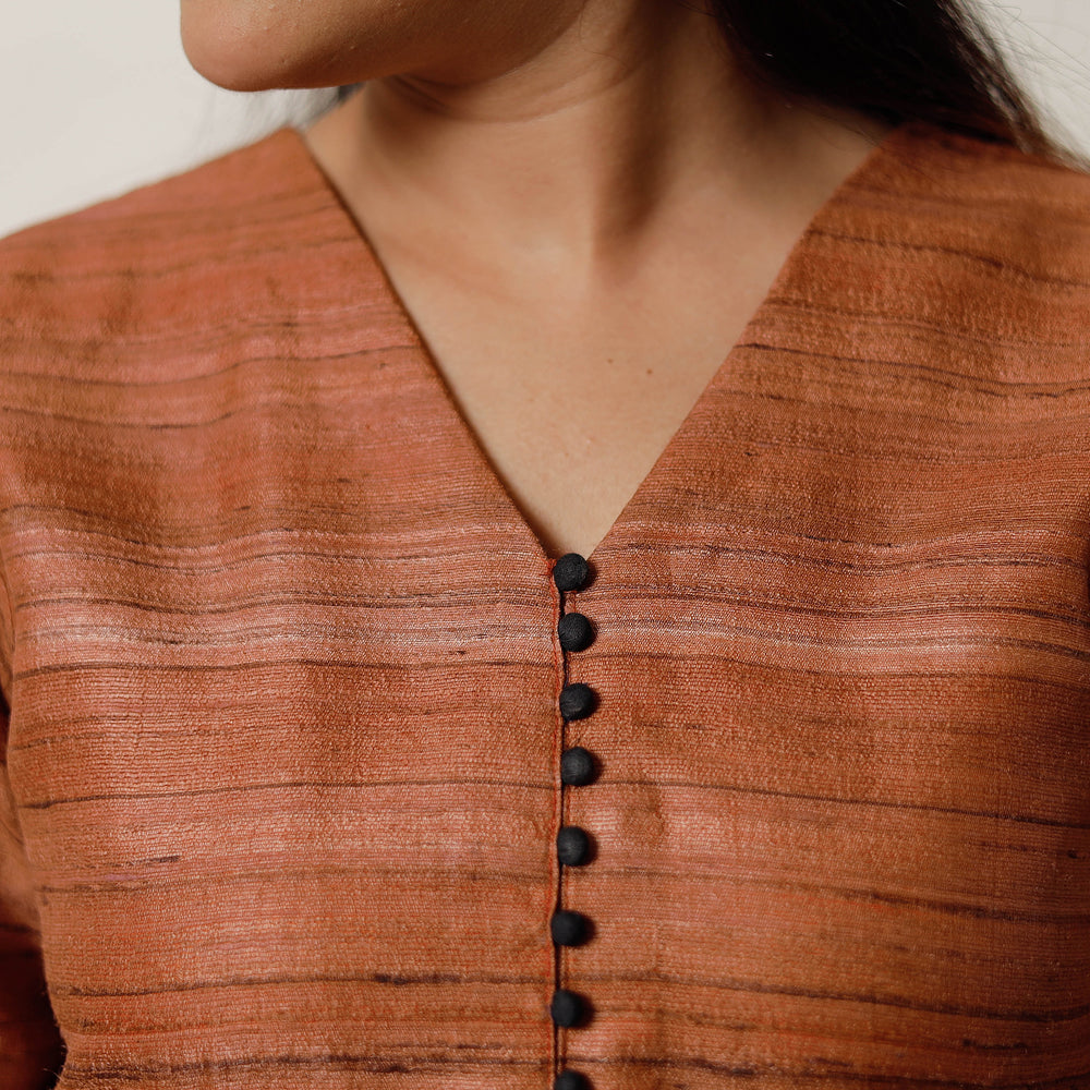 Rust Orange - Bhagalpuri Handwoven Desi Tussar Silk Long Kurta