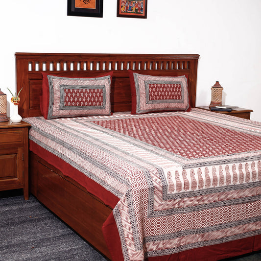 Red - Bagh Block Printed Cotton Double Bed Cover with Pillow Covers (113 x 93 in)