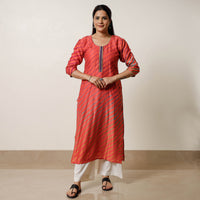 Orange - Leheriya Tie-Dye Chanderi Silk Long Straight Kurta