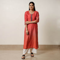 Orange - Leheriya Tie-Dye Chanderi Silk Long Straight Kurta