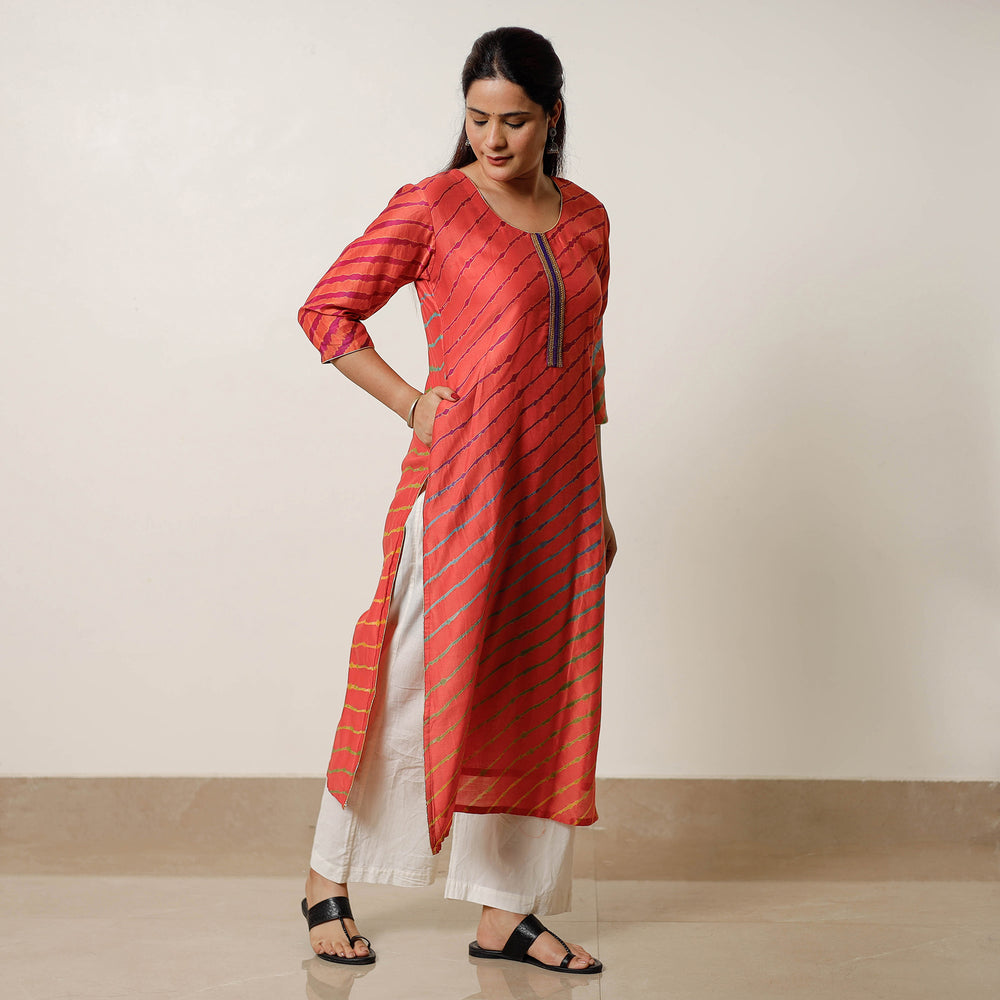 Orange - Leheriya Tie-Dye Chanderi Silk Long Straight Kurta