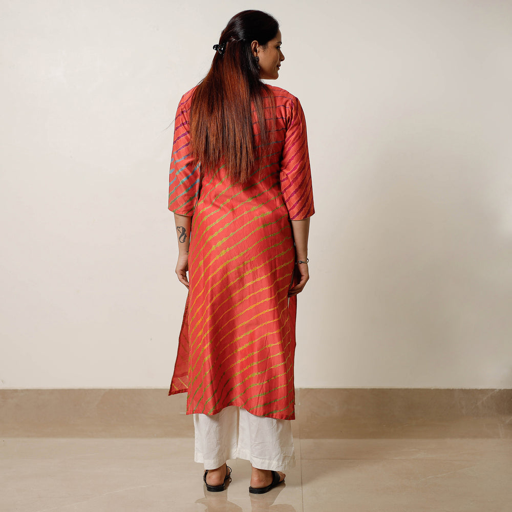 Orange - Leheriya Tie-Dye Chanderi Silk Long Straight Kurta