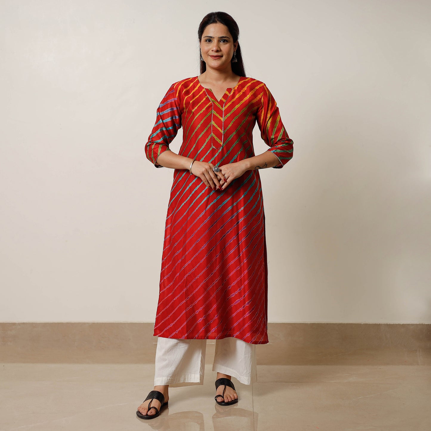 Red - Leheriya Tie-Dye Chanderi Silk Long Straight Kurta