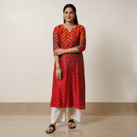 Red - Leheriya Tie-Dye Chanderi Silk Long Straight Kurta