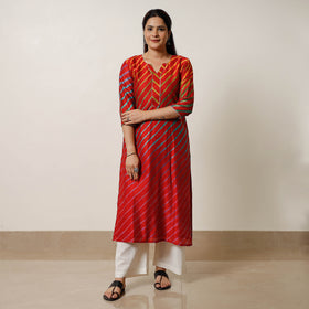 Red - leheriya tie-dye chanderi silk long straight kurta