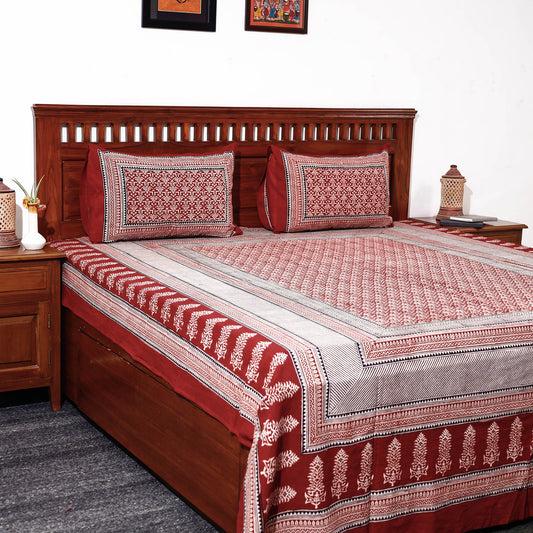 Red - Bagh Block Printed Cotton Double Bed Cover with Pillow Covers (113 x 93 in)